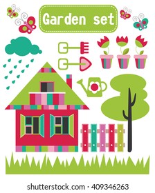 Spring village and garden set isolated on white. Vector Illustration