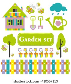 Spring village and garden set isolated on white. Vector Illustration