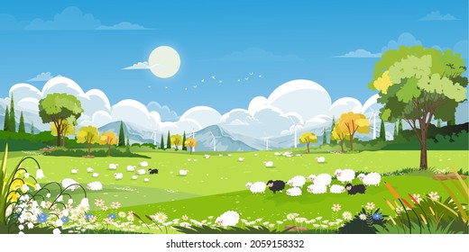 Spring village with goats, sheep and windmills on hills with blue sky and clouds,Vector cartoon Natural rural of Spring, Summer landscape,Countryside with Organic farm fields, Eco friendly concept