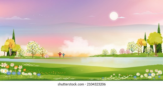 Spring village with green field by the lake, pink, blue sky and clouds,Backdrop Rural nature landscape in springtime with grass land,flower and sun shining,Vector Spring and Summer banner background