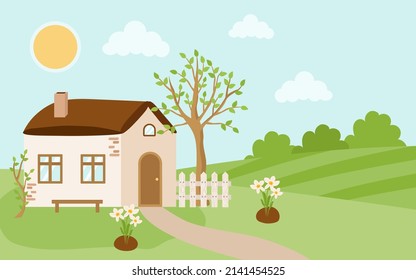 Spring village house. Cute rustic landscape with a white fence, daffodil flowers, tree, bushes, lawn. Vector illustration of a sunny day outside the city.