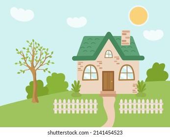 Spring village house with a green roof. Cute rustic landscape with a white fence, tree, bushes, lawn. Vector illustration of a sunny day outside the city.