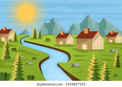 spring village landscape with mountain background