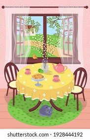 Spring village rest scene eps poster. Country house interior. Outside open window through tree foliage springtime field and warm pleasant day. Cat under table. Tea set. In glass vase willow branches