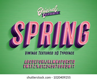 "Spring" Vintage 3d Premium Rich Textured Alphabet. Super Detailed Retro Typeace with Good Spring Vibes. Vector Illustration.