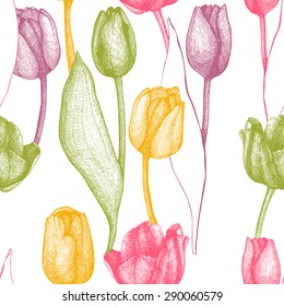 Spring vintage background with colorful tulips and butterfly.Seamless vector pattern with ink hand drawn tulip flowers.