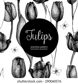 Spring vintage background with  tulips and butterfly. Seamless vector pattern with ink hand drawn tulip flowers.