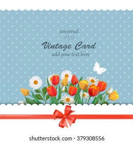 Spring Vintage Card with Flowers, Ribbon and Bow. 