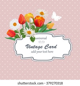 Spring Vintage Card with Flowers. Vector Illustration with Tulips and Chamomiles Bouquet. Romantic Invitation, Save the Date, Birthday.