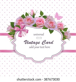 Spring Vintage Card with Roses, Ribbon and Bow. 
