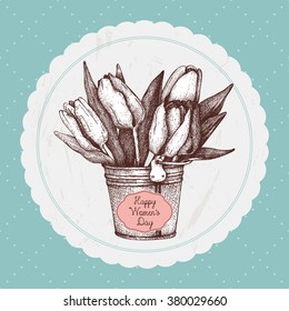 Spring vintage design with tulips in bucket. Vector template with ink hand drawn tulip flowers sketch  for greeting card or invitation. International women's day design. 8 of March.