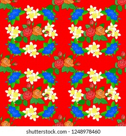 Spring vintage floral background. Beautiful vector texture. Seamless pattern with cute hibiscus flowers in red, green and blue colors.