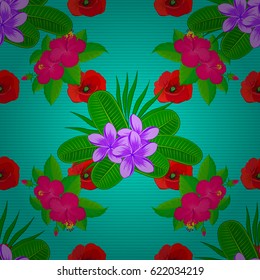 Spring vintage floral background. Beautiful vector texture. Seamless pattern with cute plumeria flowers on a blue background.