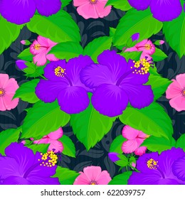 Spring vintage floral background. Beautiful vector texture. Seamless pattern with cute hibiscus flowers on a blue background.