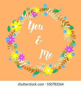 Spring vintage floral celebrate greeting card with blossom garden flowers, welcoming speech botanical natural flower Illustration on colorful in flat style.