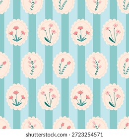 Modelo inconsútil floral de la vendimia de la primavera con las flores enmarcadas decorativas en un fondo azul rayado suave. Elegante diseño de Vector plano con inspiración vintage, perfecto para tela, Fondo de pantalla, papelería
