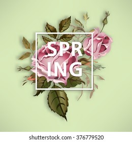 Spring vintage illustration with old-fashioned rose bouquet. Spring vector illustration with old fashioned roses on green background. Spring lettering illustration.