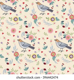 Spring vintage pattern with birds. Beautiful ornamental background. Seamless pattern for fabric, paper and other printing and web projects.