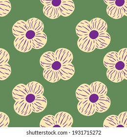 Spring vintage seamless pattern in botanic style with doodle flower shapes. Green pastel background. Vector illustration for seasonal textile prints, fabric, banners, backdrops and wallpapers.