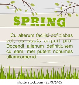 Spring vintage vector illustration. Text Spring wonderful season with flowers on the wooden background