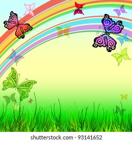 Spring vivid frame with meadow, rainbow and butterflies (vector EPS 10)