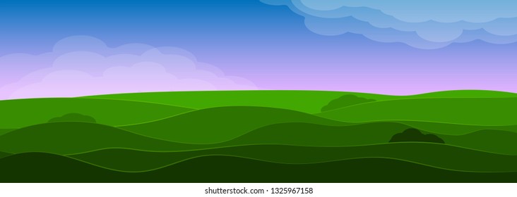 Spring vivid landscape with hills, grass and sky. Clouds and shadows. Seasons of the year spring or summer