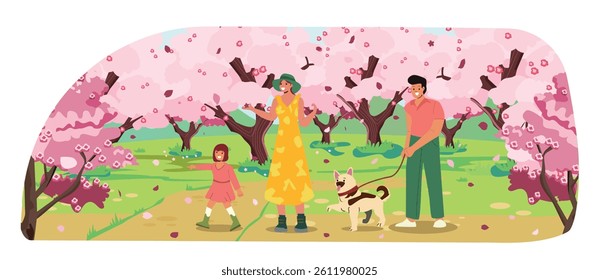 Spring Walk under cherry blossom tree, dog walking, family walking on a sunny spring day with cherry blossoms in full bloom. cartoon people illustration, isolated on white background. 
