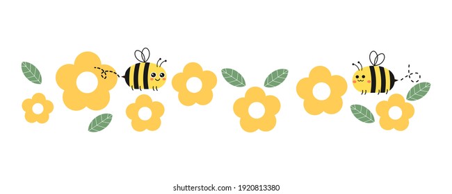 Spring wallpaper with bee cartoon and yellow daisy garden on white background vector illustration. 