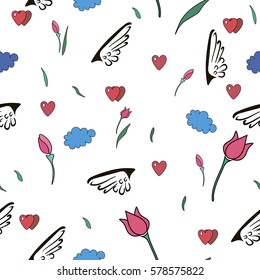 Spring wallpaper with tulips and hearts. Vector illustration