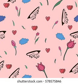Spring wallpaper with tulips and hearts. Vector illustration
