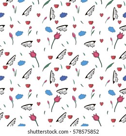 Spring wallpaper with tulips and hearts. Vector illustration