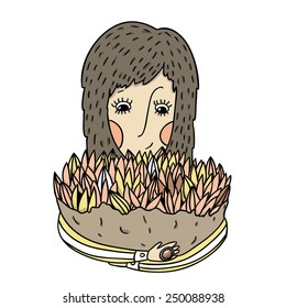 Spring Wanted: Cartoon Girl Smelling Tulips Bouquet