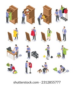 Spring wardrobe isometric icons set with people putting away winter clothes choosing new outfits in front of mirror isolated vector illustration