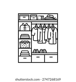 Spring wardrobe organization black and white vector illustration of tidy spring closet and spring clothes storage