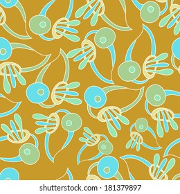 Spring  warm shades.Fantastic birds continuous seamless vector pattern.Floral background with birds.Seamless pattern can be used for web page backgrounds, wallpapers.  