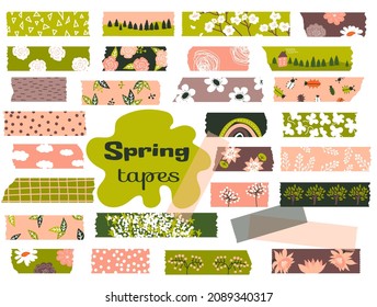 Spring Washi tapes. Vector set pieces of paper. Flowers, leaves, trees, firs, dots. Masking tape or  adhesive strips for frames, scrapbooking, borders, web graphics, crafts, stickers.