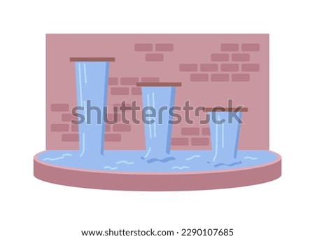 Spring or water stream on wall, isolated fountain or waterfall. Park or landscape design, reservoir or well with aqua architecture. Vector in flat cartoon illustration