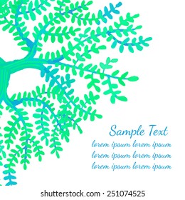 Spring watercolor background with green tree in a corner. Ecology illustration with green leaves and place for text.