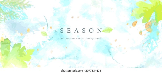 Spring watercolor background. Vector hand drawing texture botanical leaves, flowers. Holiday abstract art design for spring season. Modern card, cover for wedding, invite. Pastel arts decoration.