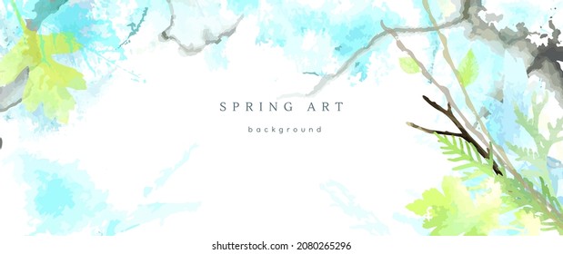 Spring watercolor background. Vector hand drawing texture botanical leaves, flowers. Holiday abstract art design for spring season. Modern card, cover for wedding, invite. Pastel arts decoration.
