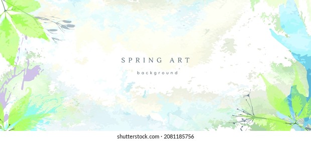 Spring watercolor background. Vector hand drawing texture botanical leaves, flowers. Holiday abstract art design for spring season. Modern card, cover for wedding, invite. Pastel arts decoration.