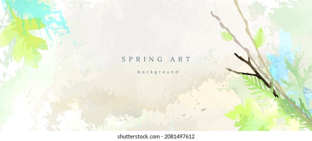 Spring watercolor background. Vector hand drawing texture botanical leaves, flowers. Holiday abstract art design for spring season. Modern card, cover for wedding, invite. Pastel arts decoration.