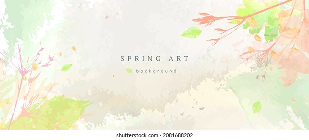 Spring watercolor background. Vector hand drawing texture botanical leaves, flowers. Holiday abstract art design for spring season. Modern card, cover for wedding, invite. Pastel arts decoration.