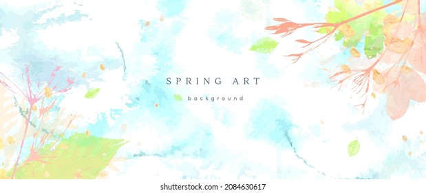 Spring watercolor background. Vector hand drawing texture botanical leaves, flowers. Holiday abstract art design for spring season. Modern card, cover for wedding, invite. Pastel arts decoration.