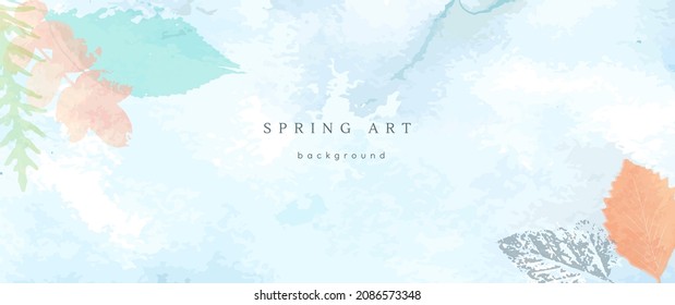 Spring watercolor background. Vector hand drawing texture botanical leaves, flowers. Holiday abstract art design for spring season. Modern card, cover for wedding, invite. Pastel arts decoration.