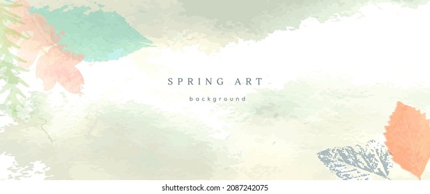 Spring watercolor background. Vector hand drawing texture botanical leaves, flowers. Holiday abstract art design for spring season. Modern card, cover for wedding, invite. Pastel arts decoration.