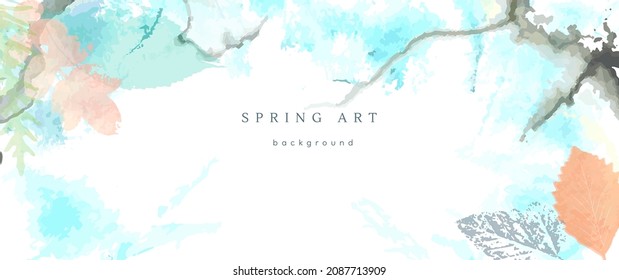 Spring watercolor background. Vector hand drawing texture botanical leaves, flowers. Holiday abstract art design for spring season. Modern card, cover for wedding, invite. Pastel arts decoration.