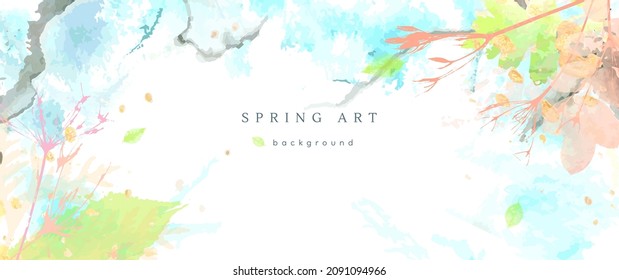Spring watercolor background. Vector hand drawing texture botanical leaves, flowers. Holiday abstract art design for spring season. Modern card, cover for wedding, invite. Pastel arts decoration.