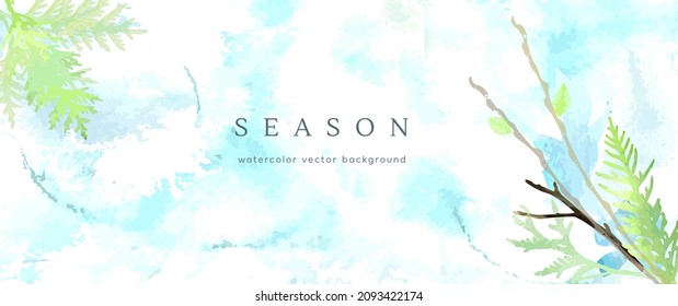 Spring watercolor background. Vector hand drawing texture botanical leaves, flowers. Holiday abstract art design for spring season. Modern card, cover for wedding, invite. Pastel arts decoration.