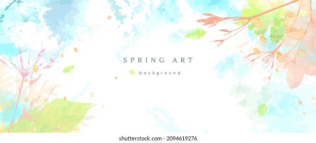 Spring watercolor background. Vector hand drawing texture botanical leaves, flowers. Holiday abstract art design for spring season. Modern card, cover for wedding, invite. Pastel arts decoration.